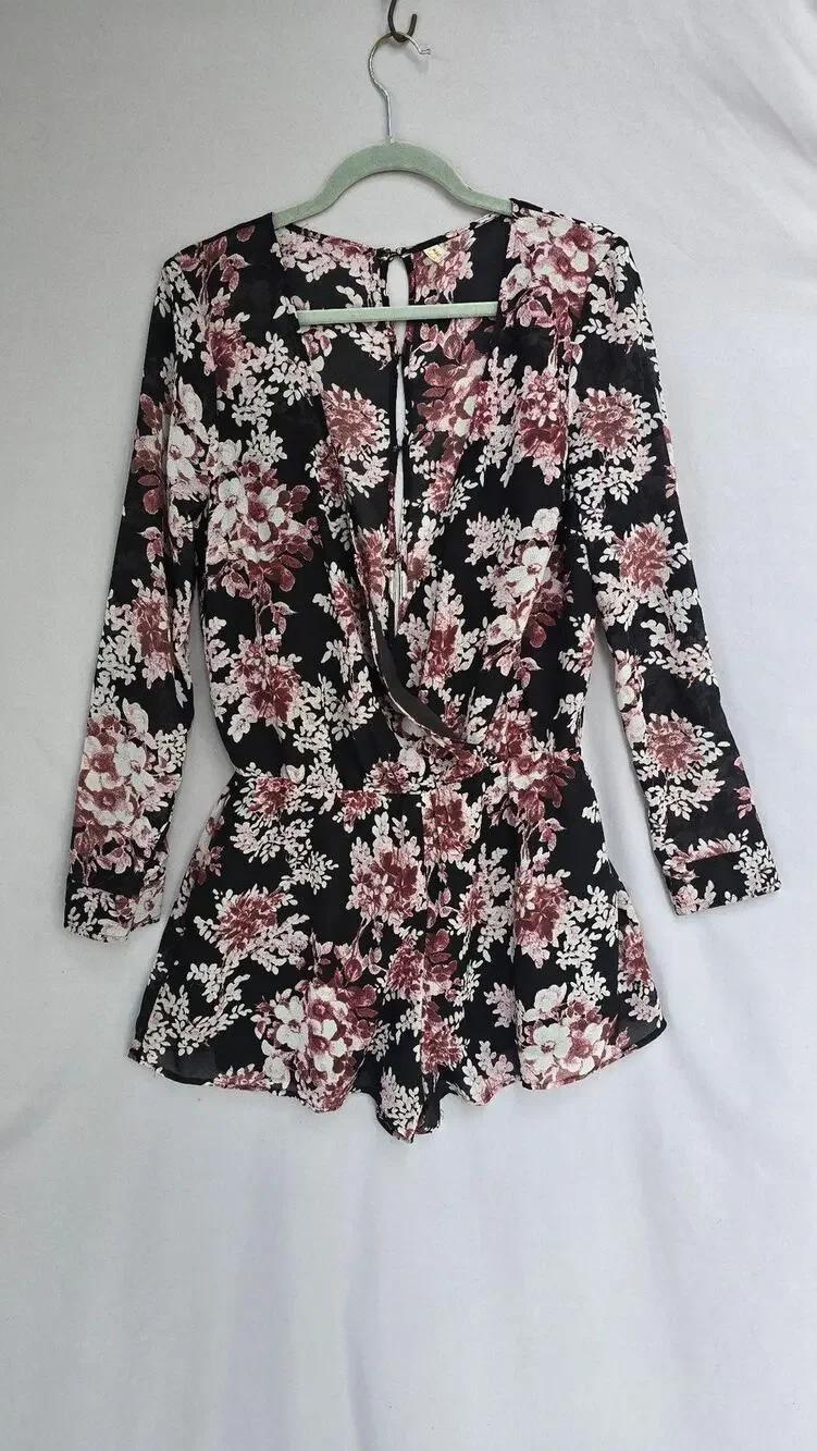 Free People Romper Womens Medium Black Floral Sheer Wrap Long Sleeve Buttons